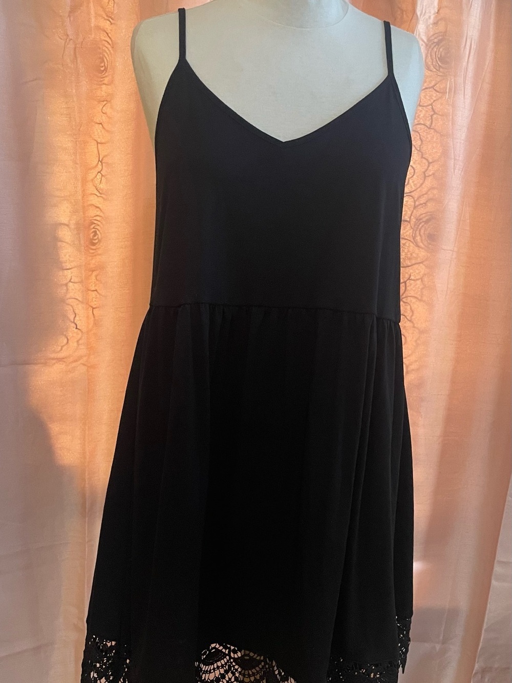 Black V-Neck Dress with lace crocheted hem.